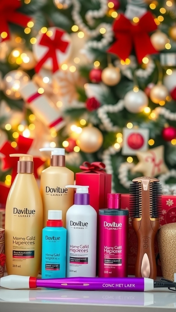A festive display of hair care products for Christmas gifts, including shampoos and styling tools.